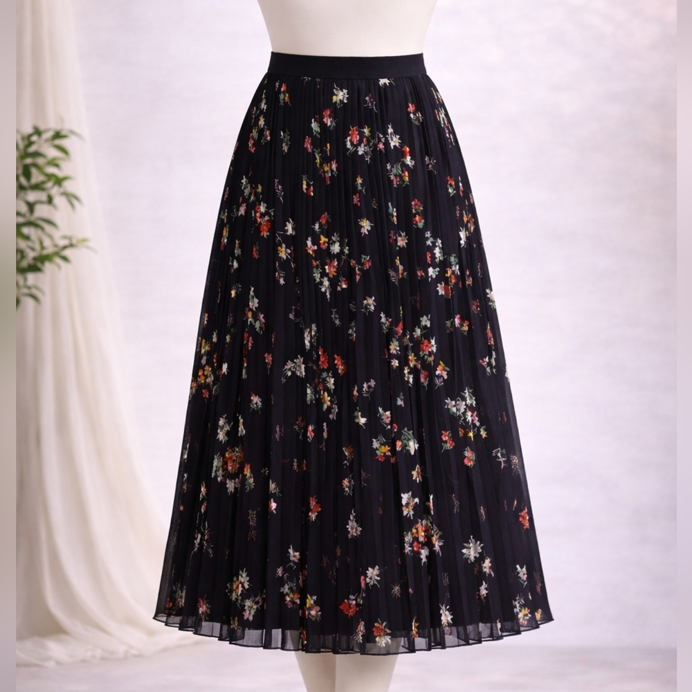 Ann Taylor Black and Floral Pleated Midi A-Line Skirt